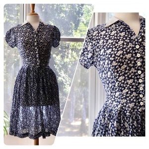 Vintage Handmade Blue and White Floral Button Up Midi Dress